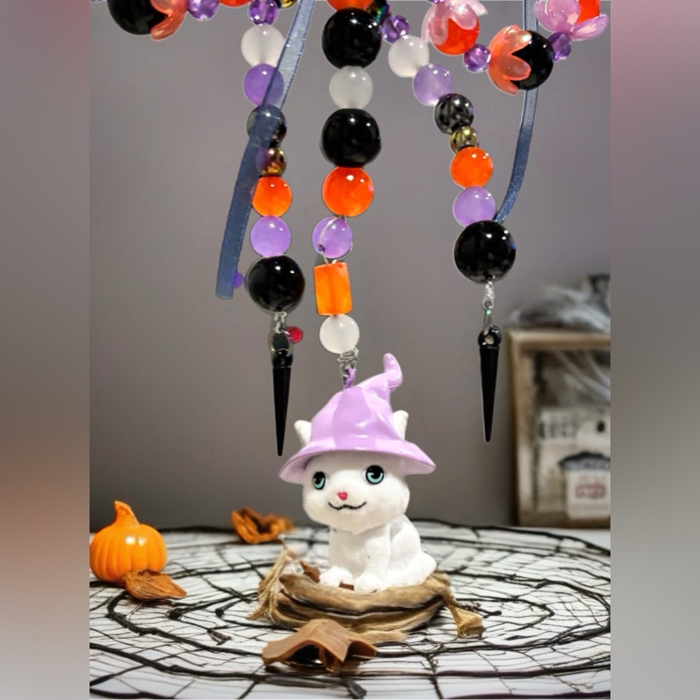 Charming Halloween Cat Figurine with Beaded Decor Handmade_Glass Beads Some Acr.